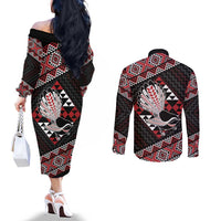 Taniko Aotearoa Couples Matching Off The Shoulder Long Sleeve Dress and Long Sleeve Button Shirt Poutama Mix Piwakawaka LT7 - Polynesian Pride