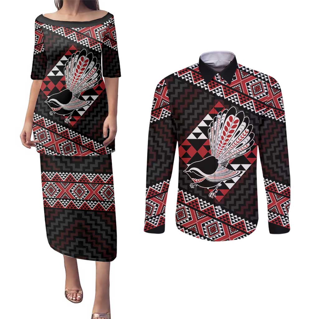 Taniko Aotearoa Couples Matching Puletasi and Long Sleeve Button Shirt Poutama Mix Piwakawaka LT7 Red - Polynesian Pride