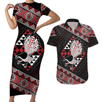 Taniko Aotearoa Couples Matching Short Sleeve Bodycon Dress and Hawaiian Shirt Poutama Mix Piwakawaka LT7 Red - Polynesian Pride