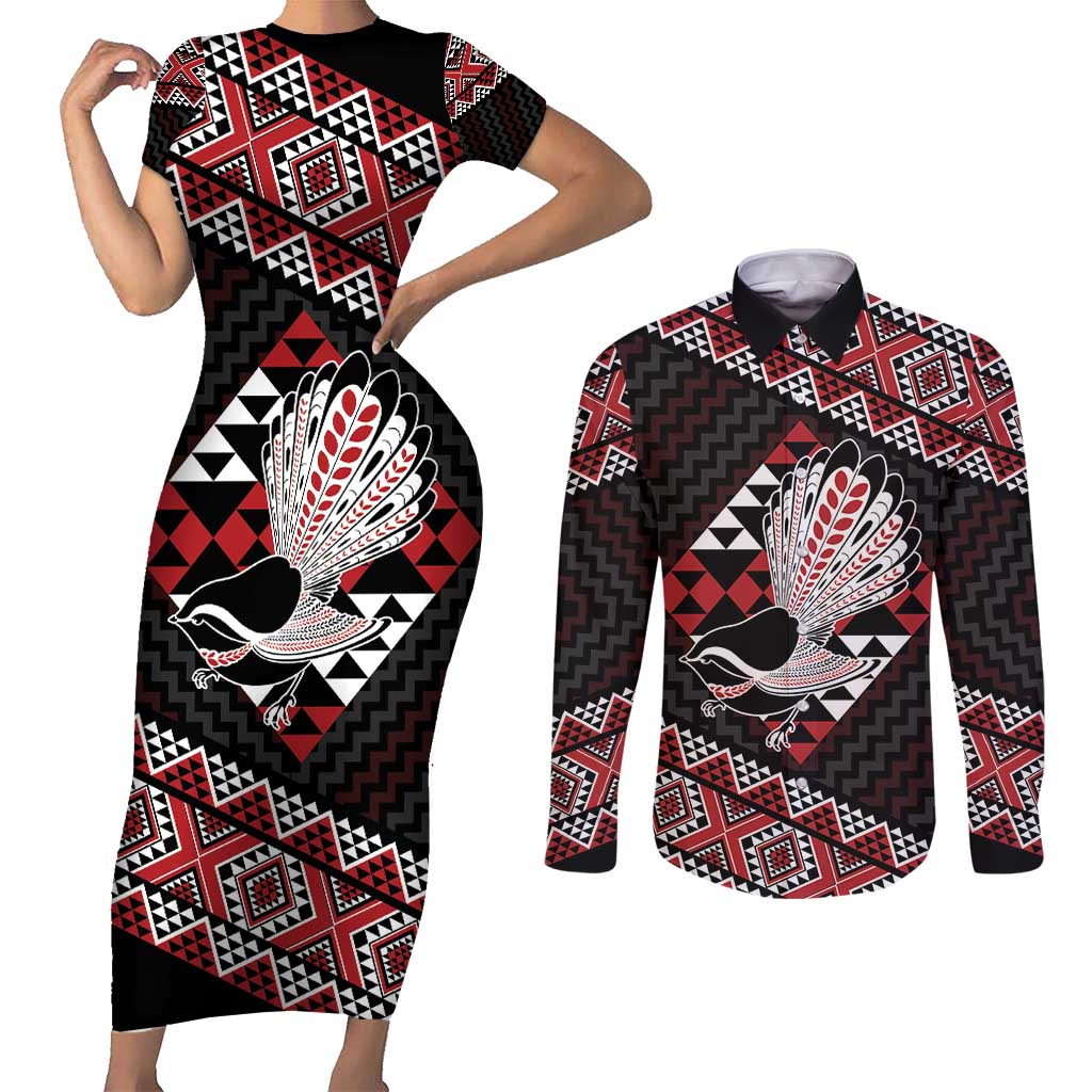 Taniko Aotearoa Couples Matching Short Sleeve Bodycon Dress and Long Sleeve Button Shirt Poutama Mix Piwakawaka LT7 Red - Polynesian Pride