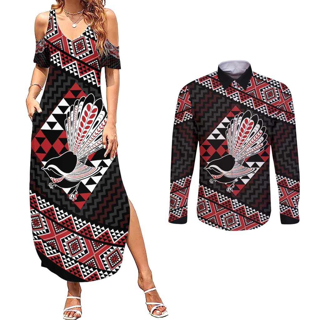 Taniko Aotearoa Couples Matching Summer Maxi Dress and Long Sleeve Button Shirt Poutama Mix Piwakawaka LT7 Red - Polynesian Pride