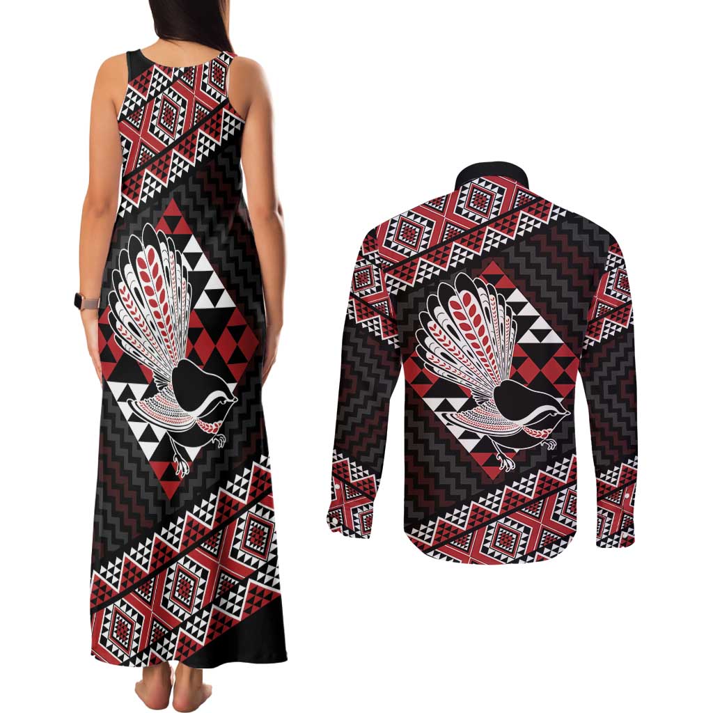 Taniko Aotearoa Couples Matching Tank Maxi Dress and Long Sleeve Button Shirt Poutama Mix Piwakawaka LT7 - Polynesian Pride