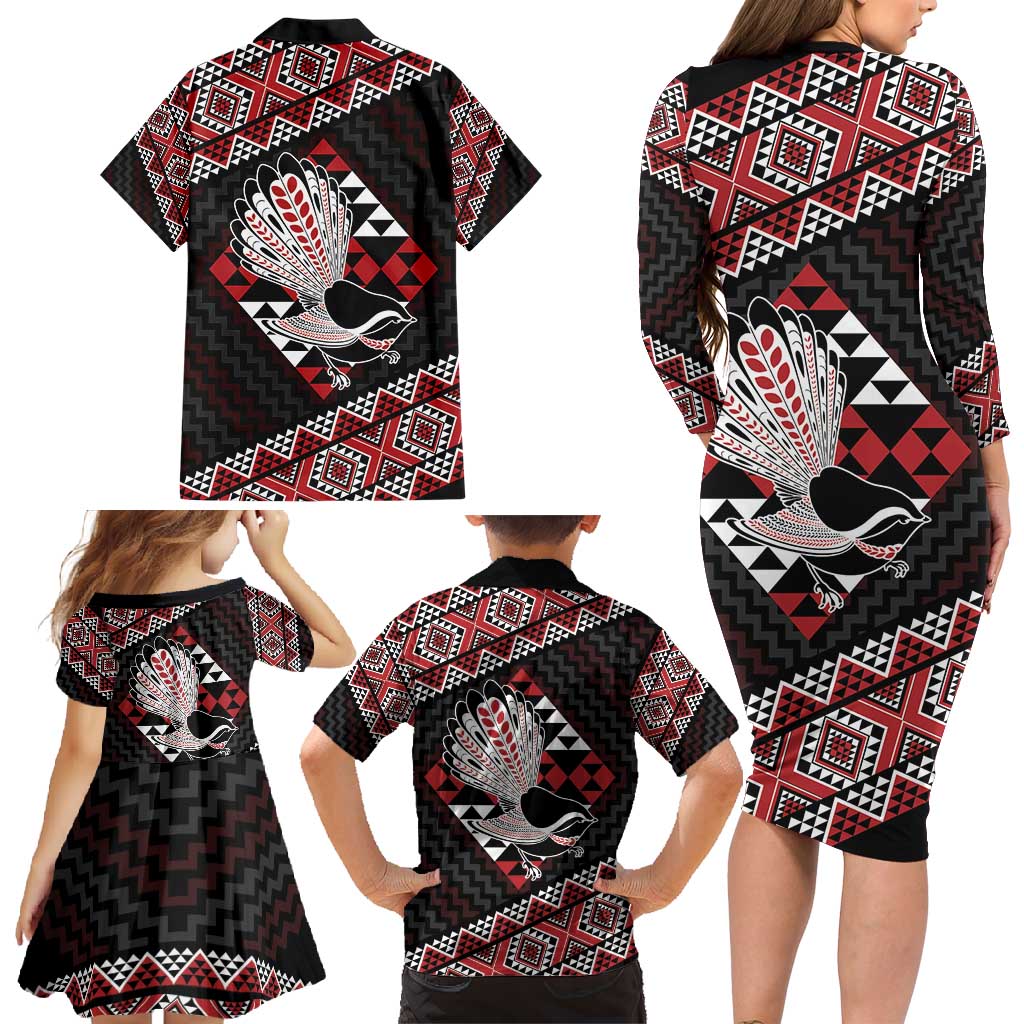 Taniko Aotearoa Family Matching Long Sleeve Bodycon Dress and Hawaiian Shirt Poutama Mix Piwakawaka LT7 - Polynesian Pride