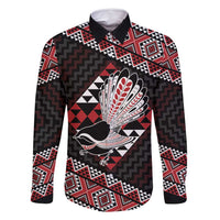 Taniko Aotearoa Family Matching Long Sleeve Bodycon Dress and Hawaiian Shirt Poutama Mix Piwakawaka LT7 Dad's Shirt - Long Sleeve Red - Polynesian Pride