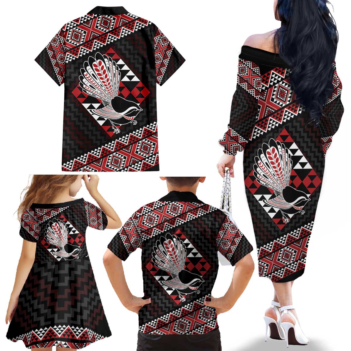 Taniko Aotearoa Family Matching Off The Shoulder Long Sleeve Dress and Hawaiian Shirt Poutama Mix Piwakawaka LT7 - Polynesian Pride