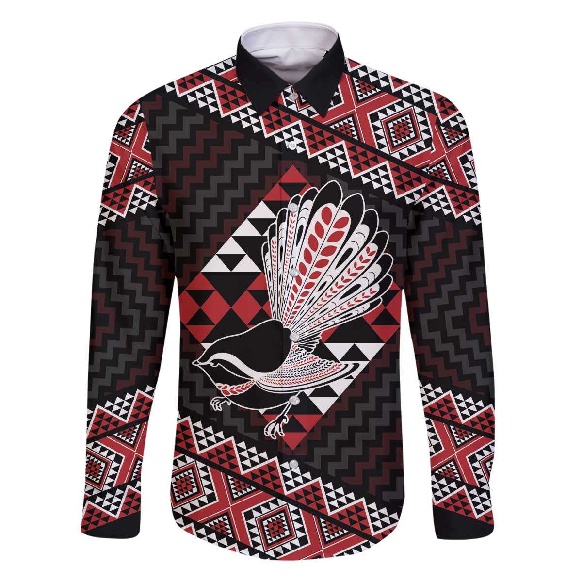 Taniko Aotearoa Family Matching Off The Shoulder Long Sleeve Dress and Hawaiian Shirt Poutama Mix Piwakawaka LT7 Dad's Shirt - Long Sleeve Red - Polynesian Pride