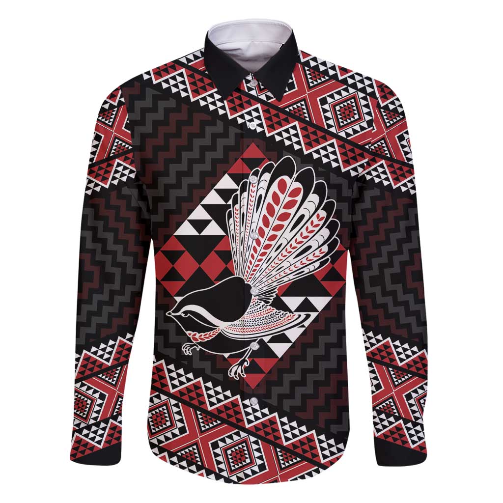 Taniko Aotearoa Family Matching Off Shoulder Maxi Dress and Hawaiian Shirt Poutama Mix Piwakawaka LT7 Dad's Shirt - Long Sleeve Red - Polynesian Pride