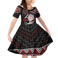 Taniko Aotearoa Family Matching Off Shoulder Short Dress and Hawaiian Shirt Poutama Mix Piwakawaka LT7 Daughter's Dress Red - Polynesian Pride