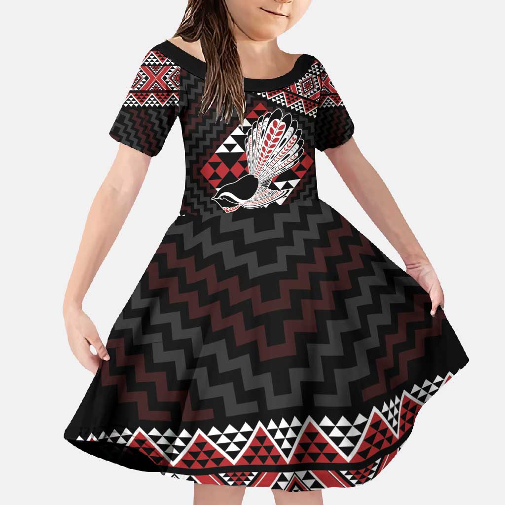 Taniko Aotearoa Family Matching Tank Maxi Dress and Hawaiian Shirt Poutama Mix Piwakawaka LT7 Daughter's Dress Red - Polynesian Pride