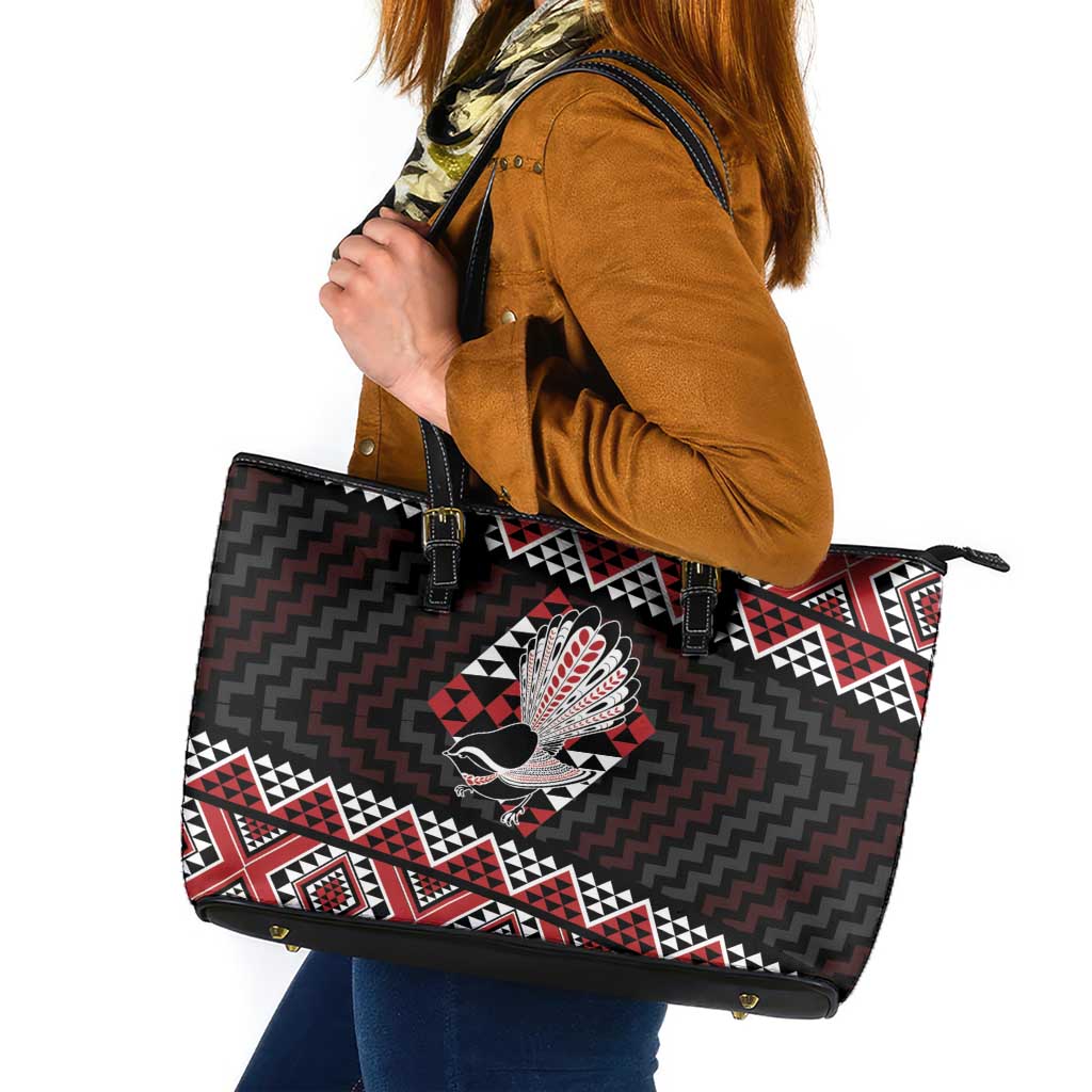 Taniko Aotearoa Leather Tote Bag Poutama Mix Piwakawaka LT7 Red - Polynesian Pride