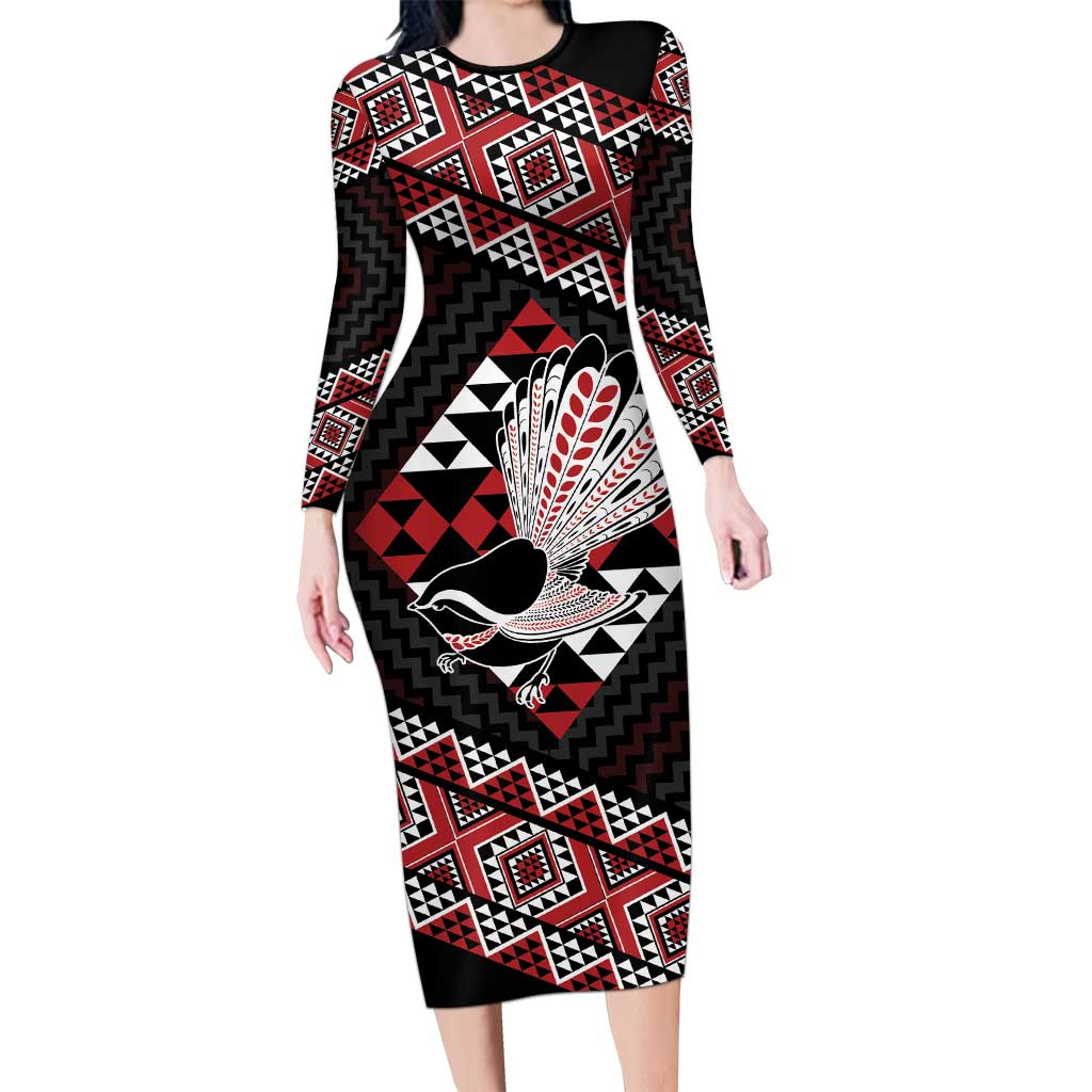 Taniko Aotearoa Long Sleeve Bodycon Dress Poutama Mix Piwakawaka LT7 Long Dress Red - Polynesian Pride