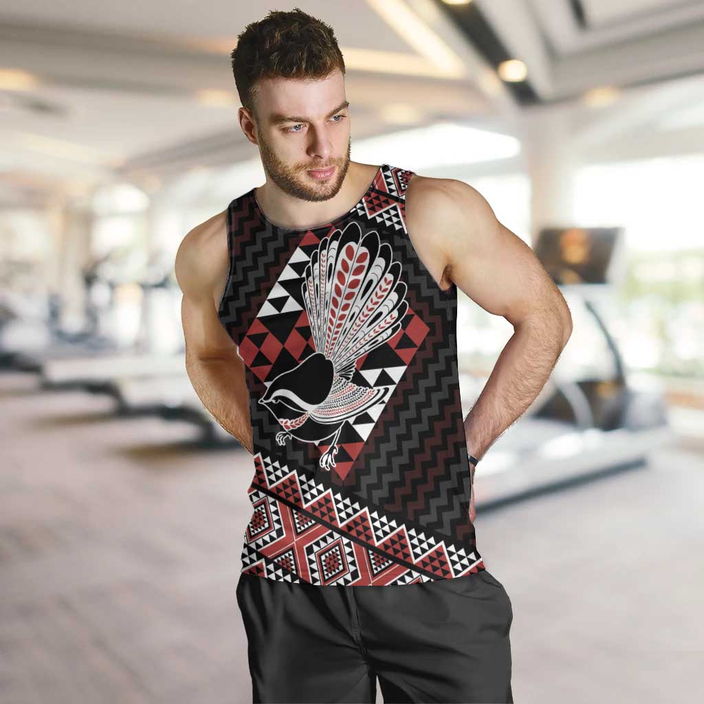 Taniko Aotearoa Men Tank Top Poutama Mix Piwakawaka LT7 Red - Polynesian Pride