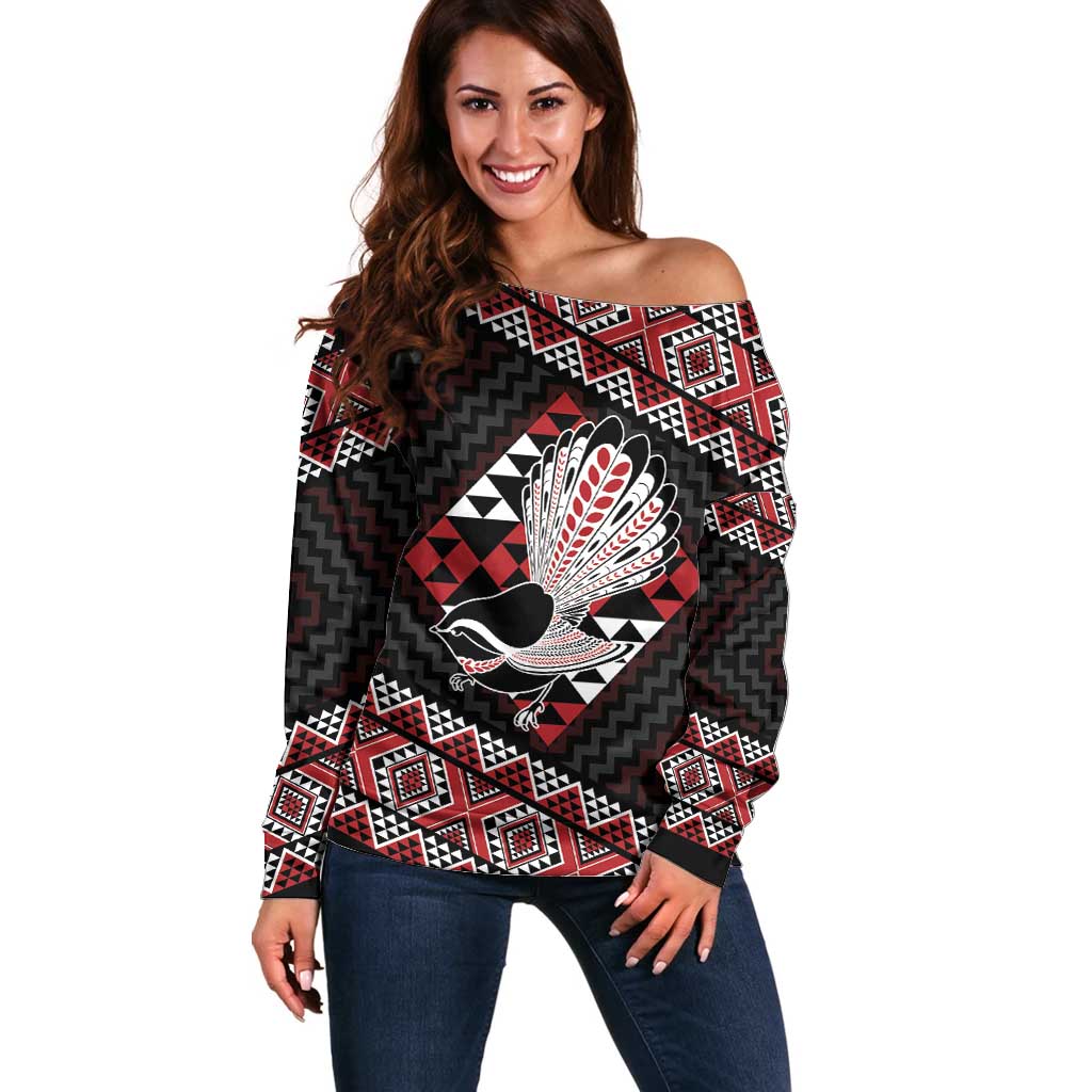 Taniko Aotearoa Off Shoulder Sweater Poutama Mix Piwakawaka LT7 Women Red - Polynesian Pride
