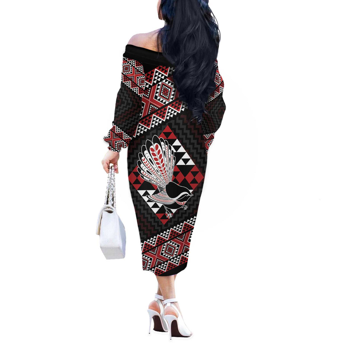 Taniko Aotearoa Off The Shoulder Long Sleeve Dress Poutama Mix Piwakawaka LT7 - Polynesian Pride
