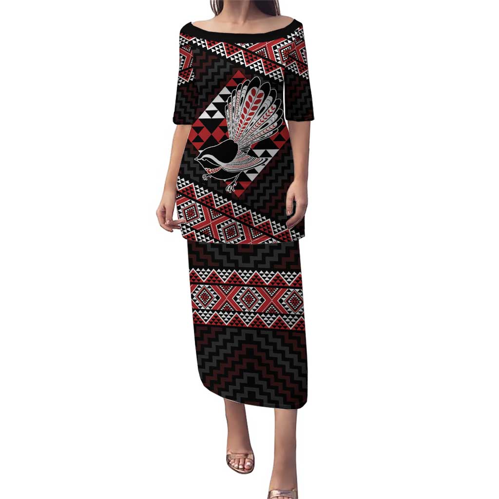 Taniko Aotearoa Puletasi Poutama Mix Piwakawaka LT7 Long Dress Red - Polynesian Pride
