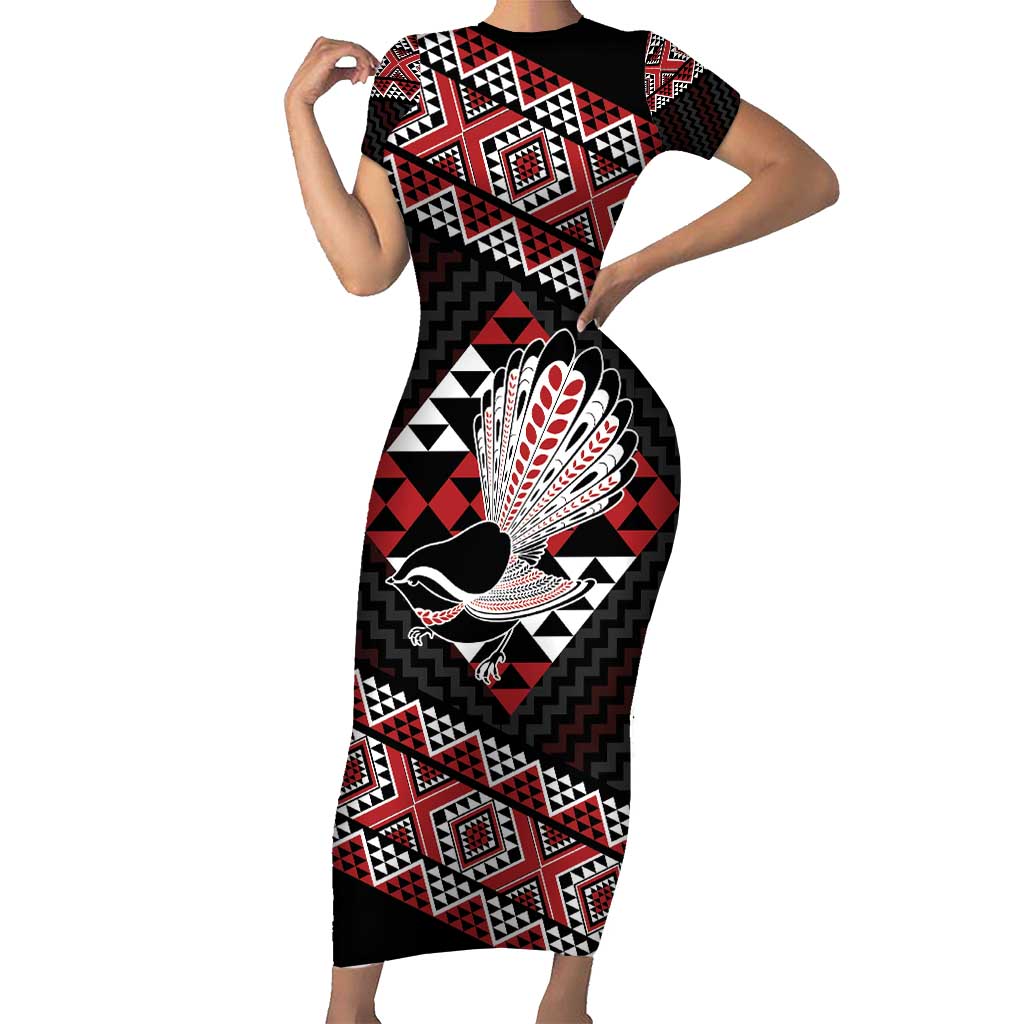 Taniko Aotearoa Short Sleeve Bodycon Dress Poutama Mix Piwakawaka LT7 Long Dress Red - Polynesian Pride