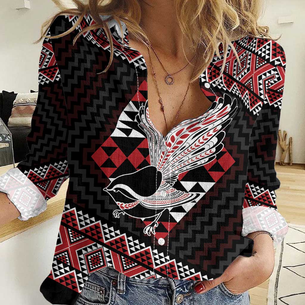 Taniko Aotearoa Women Casual Shirt Poutama Mix Piwakawaka LT7 Female Red - Polynesian Pride
