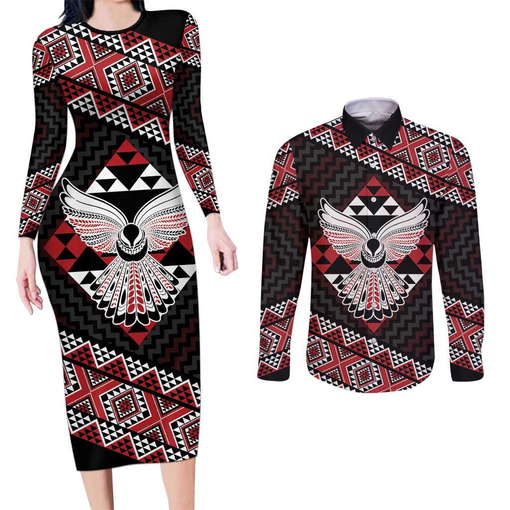 Taniko Aotearoa Couples Matching Long Sleeve Bodycon Dress and Long Sleeve Button Shirt Poutama Mix Piwakawaka - Ver02 LT7 Red - Polynesian Pride