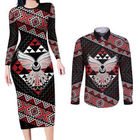 Taniko Aotearoa Couples Matching Long Sleeve Bodycon Dress and Long Sleeve Button Shirt Poutama Mix Piwakawaka - Ver02 LT7 Red - Polynesian Pride