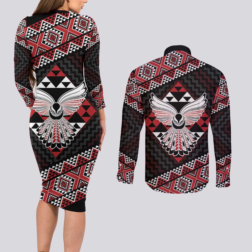 Taniko Aotearoa Couples Matching Long Sleeve Bodycon Dress and Long Sleeve Button Shirt Poutama Mix Piwakawaka - Ver02 LT7 - Polynesian Pride