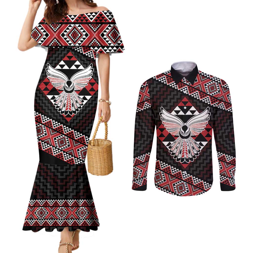 Taniko Aotearoa Couples Matching Mermaid Dress and Long Sleeve Button Shirt Poutama Mix Piwakawaka - Ver02 LT7 Red - Polynesian Pride