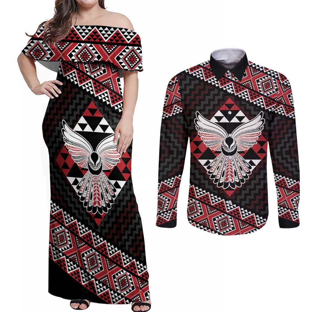 Taniko Aotearoa Couples Matching Off Shoulder Maxi Dress and Long Sleeve Button Shirt Poutama Mix Piwakawaka - Ver02 LT7 Red - Polynesian Pride