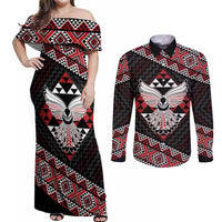 Taniko Aotearoa Couples Matching Off Shoulder Maxi Dress and Long Sleeve Button Shirt Poutama Mix Piwakawaka - Ver02 LT7 Red - Polynesian Pride