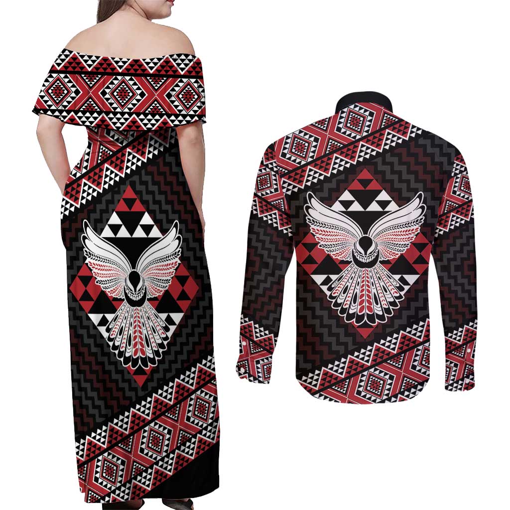 Taniko Aotearoa Couples Matching Off Shoulder Maxi Dress and Long Sleeve Button Shirt Poutama Mix Piwakawaka - Ver02 LT7 - Polynesian Pride
