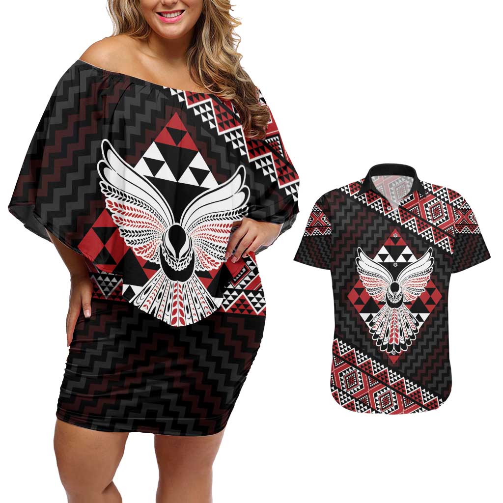 Taniko Aotearoa Couples Matching Off Shoulder Short Dress and Hawaiian Shirt Poutama Mix Piwakawaka - Ver02 LT7 Red - Polynesian Pride