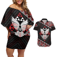 Taniko Aotearoa Couples Matching Off Shoulder Short Dress and Hawaiian Shirt Poutama Mix Piwakawaka - Ver02 LT7 Red - Polynesian Pride