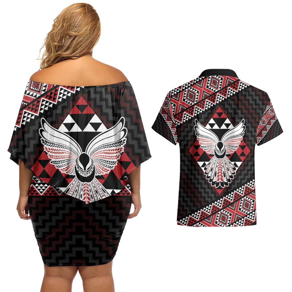 Taniko Aotearoa Couples Matching Off Shoulder Short Dress and Hawaiian Shirt Poutama Mix Piwakawaka - Ver02 LT7 - Polynesian Pride