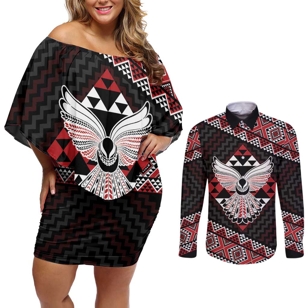Taniko Aotearoa Couples Matching Off Shoulder Short Dress and Long Sleeve Button Shirt Poutama Mix Piwakawaka - Ver02 LT7 Red - Polynesian Pride