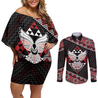 Taniko Aotearoa Couples Matching Off Shoulder Short Dress and Long Sleeve Button Shirt Poutama Mix Piwakawaka - Ver02 LT7 Red - Polynesian Pride