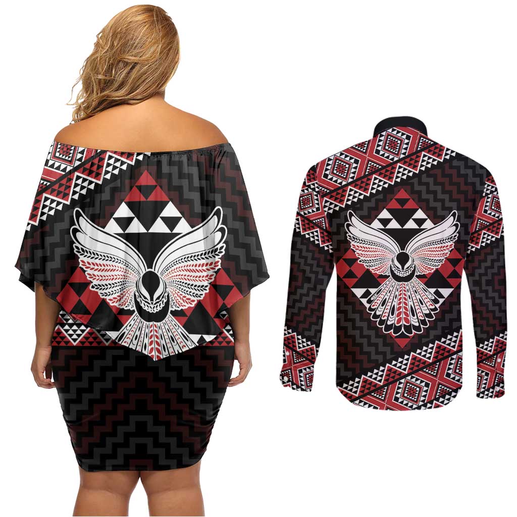 Taniko Aotearoa Couples Matching Off Shoulder Short Dress and Long Sleeve Button Shirt Poutama Mix Piwakawaka - Ver02 LT7 - Polynesian Pride