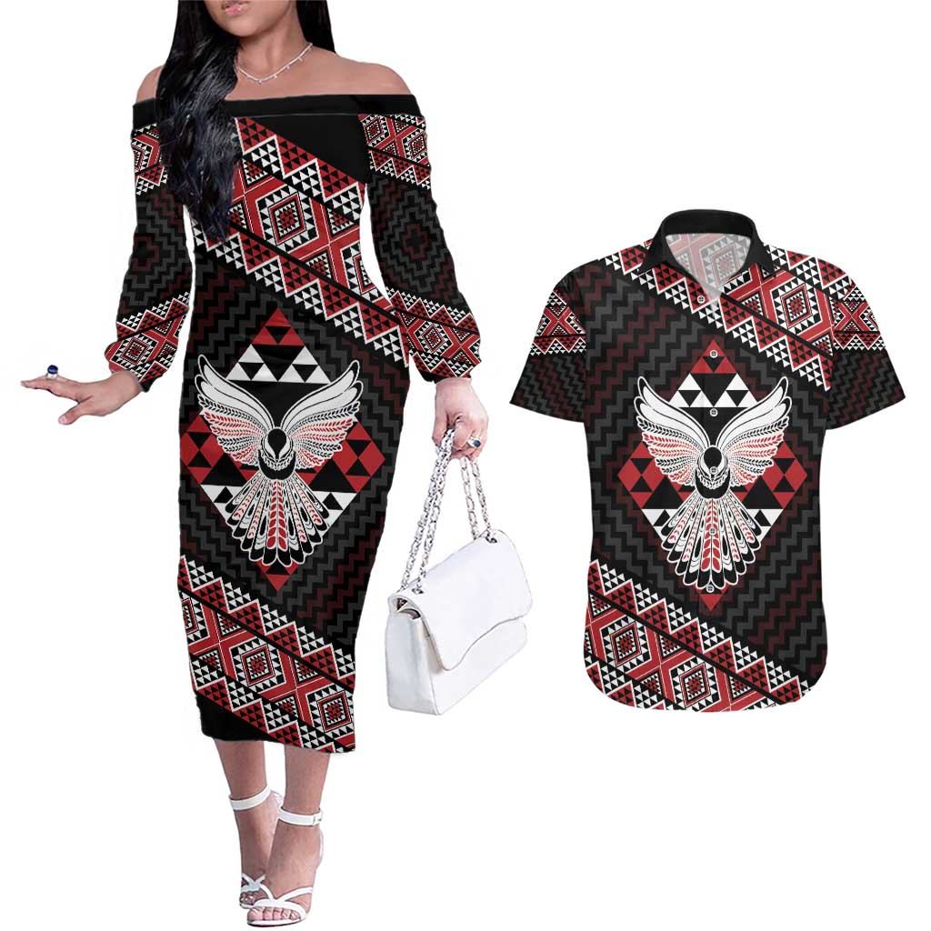 Taniko Aotearoa Couples Matching Off The Shoulder Long Sleeve Dress and Hawaiian Shirt Poutama Mix Piwakawaka - Ver02 LT7 Red - Polynesian Pride