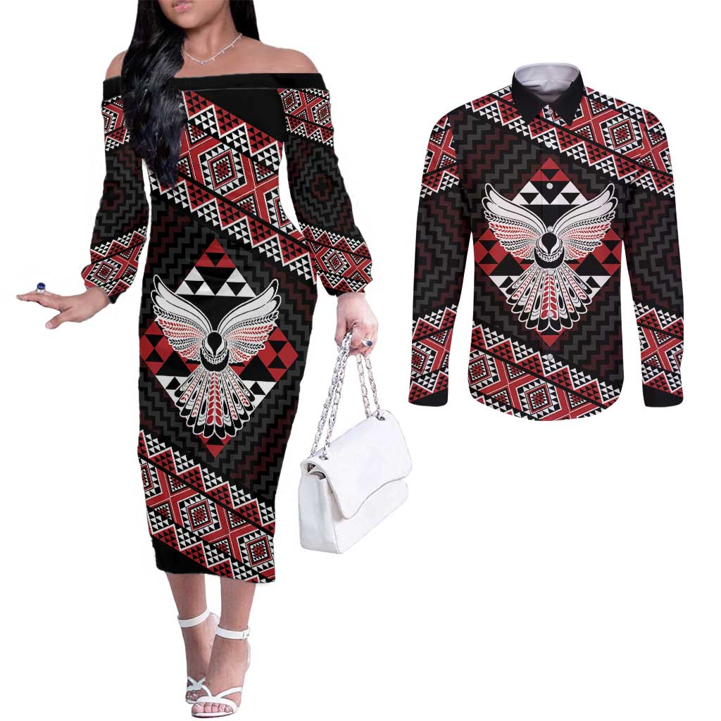 Taniko Aotearoa Couples Matching Off The Shoulder Long Sleeve Dress and Long Sleeve Button Shirt Poutama Mix Piwakawaka - Ver02 LT7 Red - Polynesian Pride