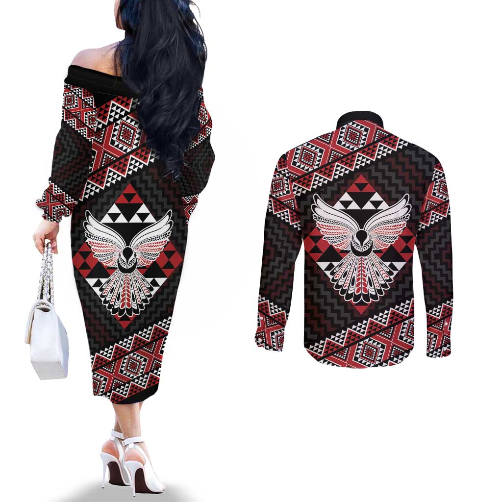 Taniko Aotearoa Couples Matching Off The Shoulder Long Sleeve Dress and Long Sleeve Button Shirt Poutama Mix Piwakawaka - Ver02 LT7 - Polynesian Pride
