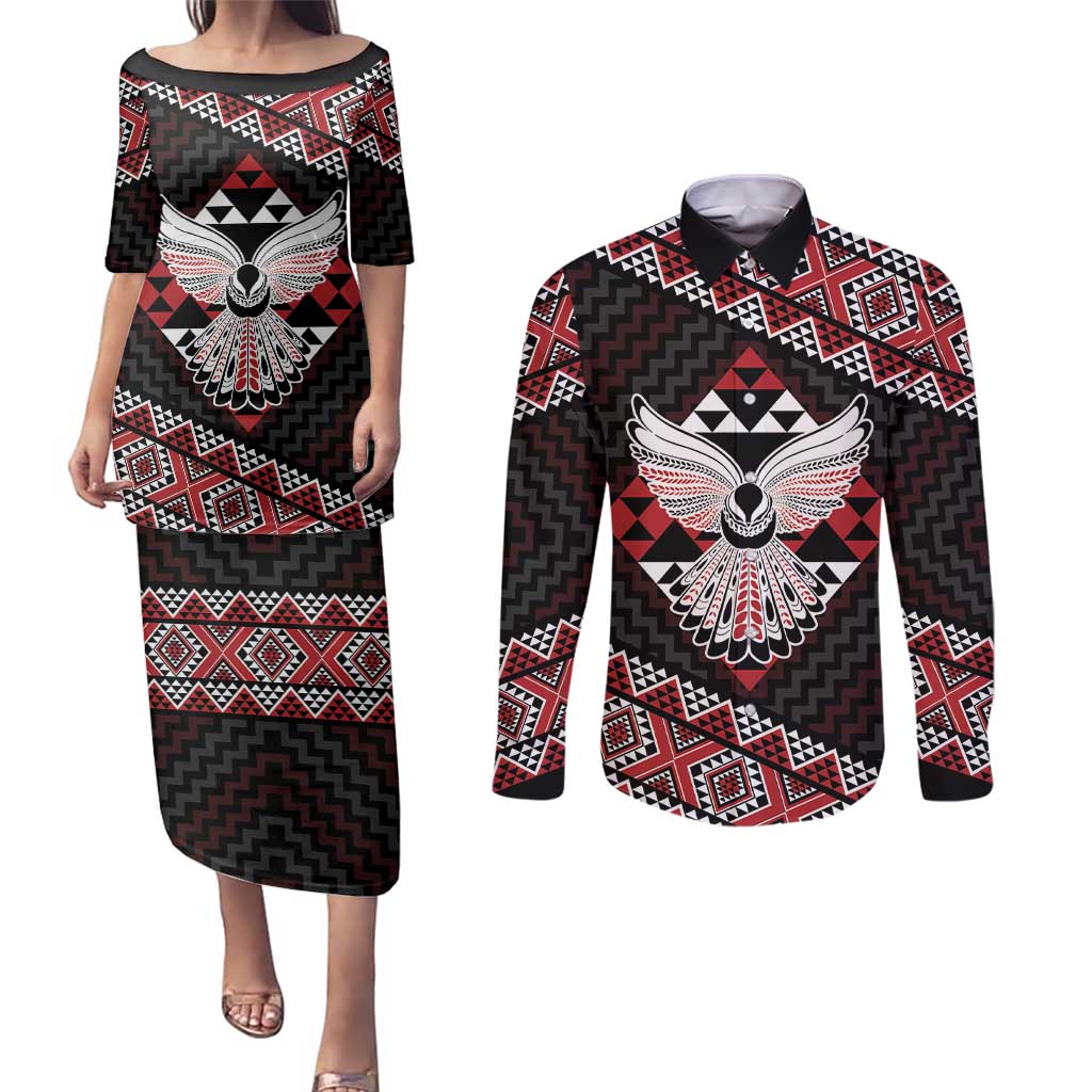Taniko Aotearoa Couples Matching Puletasi and Long Sleeve Button Shirt Poutama Mix Piwakawaka - Ver02 LT7 Red - Polynesian Pride