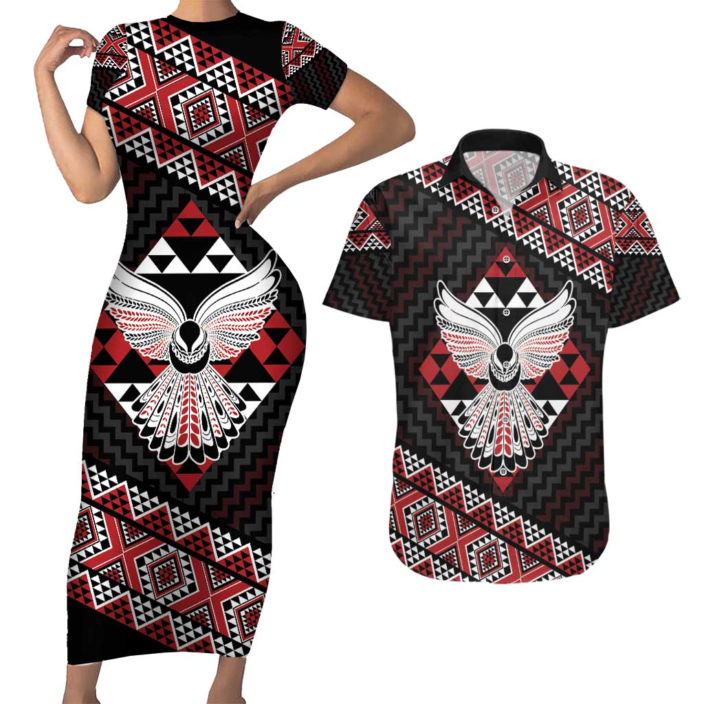 Taniko Aotearoa Couples Matching Short Sleeve Bodycon Dress and Hawaiian Shirt Poutama Mix Piwakawaka - Ver02 LT7 Red - Polynesian Pride