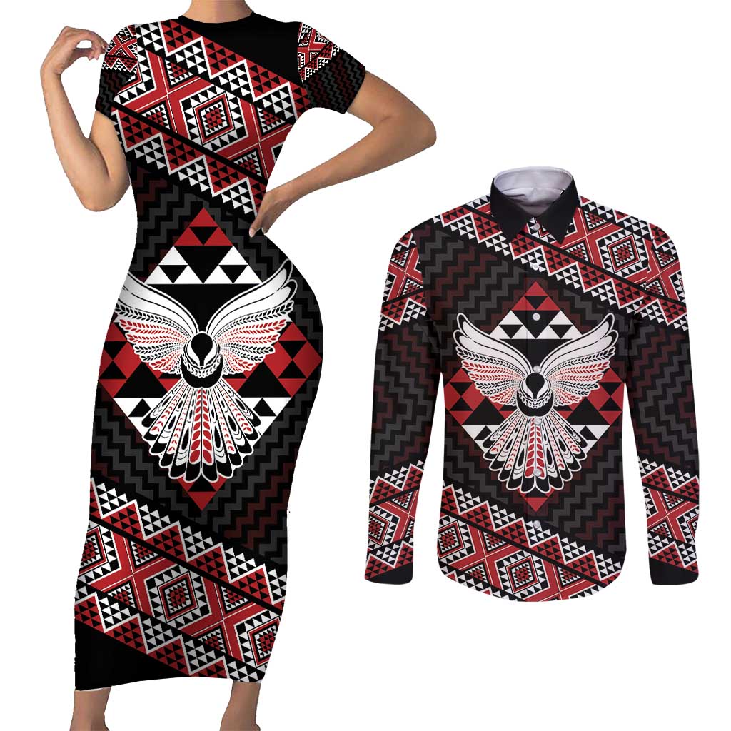Taniko Aotearoa Couples Matching Short Sleeve Bodycon Dress and Long Sleeve Button Shirt Poutama Mix Piwakawaka - Ver02 LT7 Red - Polynesian Pride