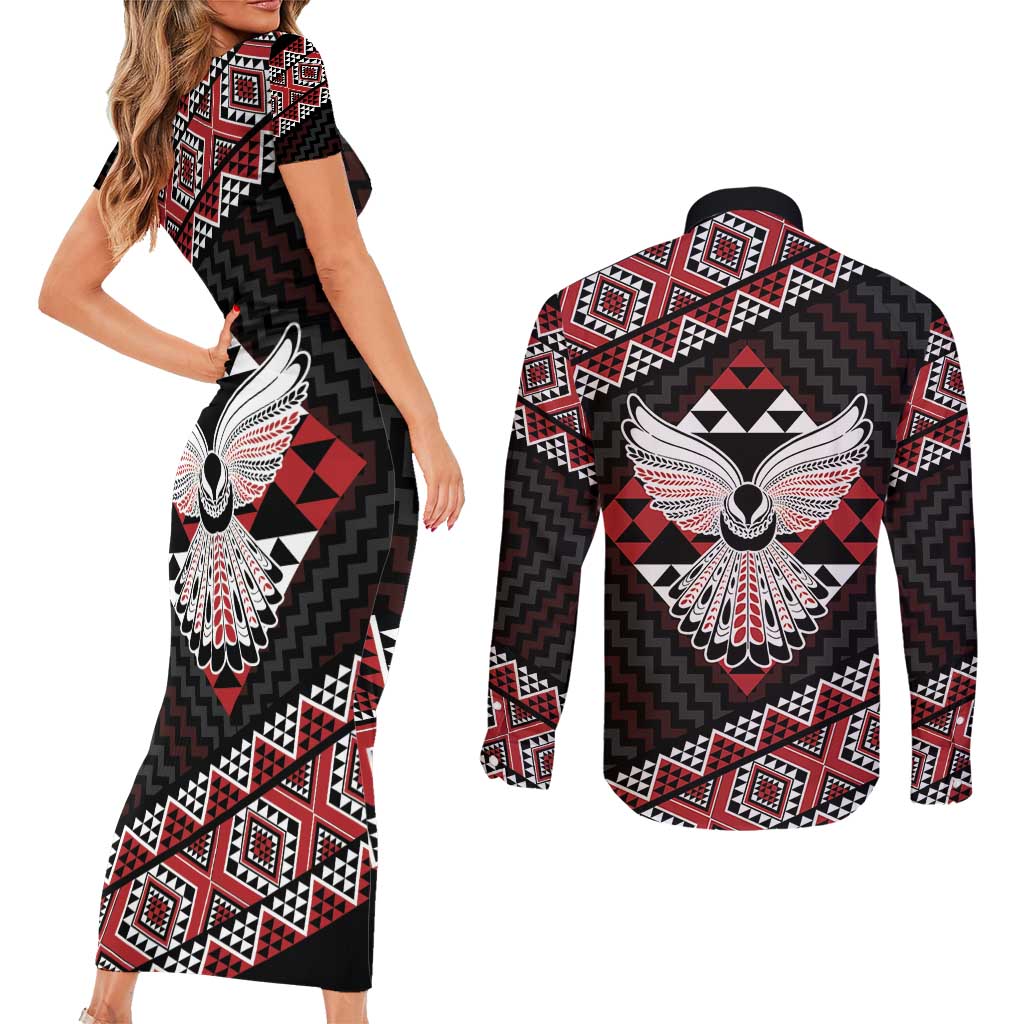 Taniko Aotearoa Couples Matching Short Sleeve Bodycon Dress and Long Sleeve Button Shirt Poutama Mix Piwakawaka - Ver02 LT7 - Polynesian Pride