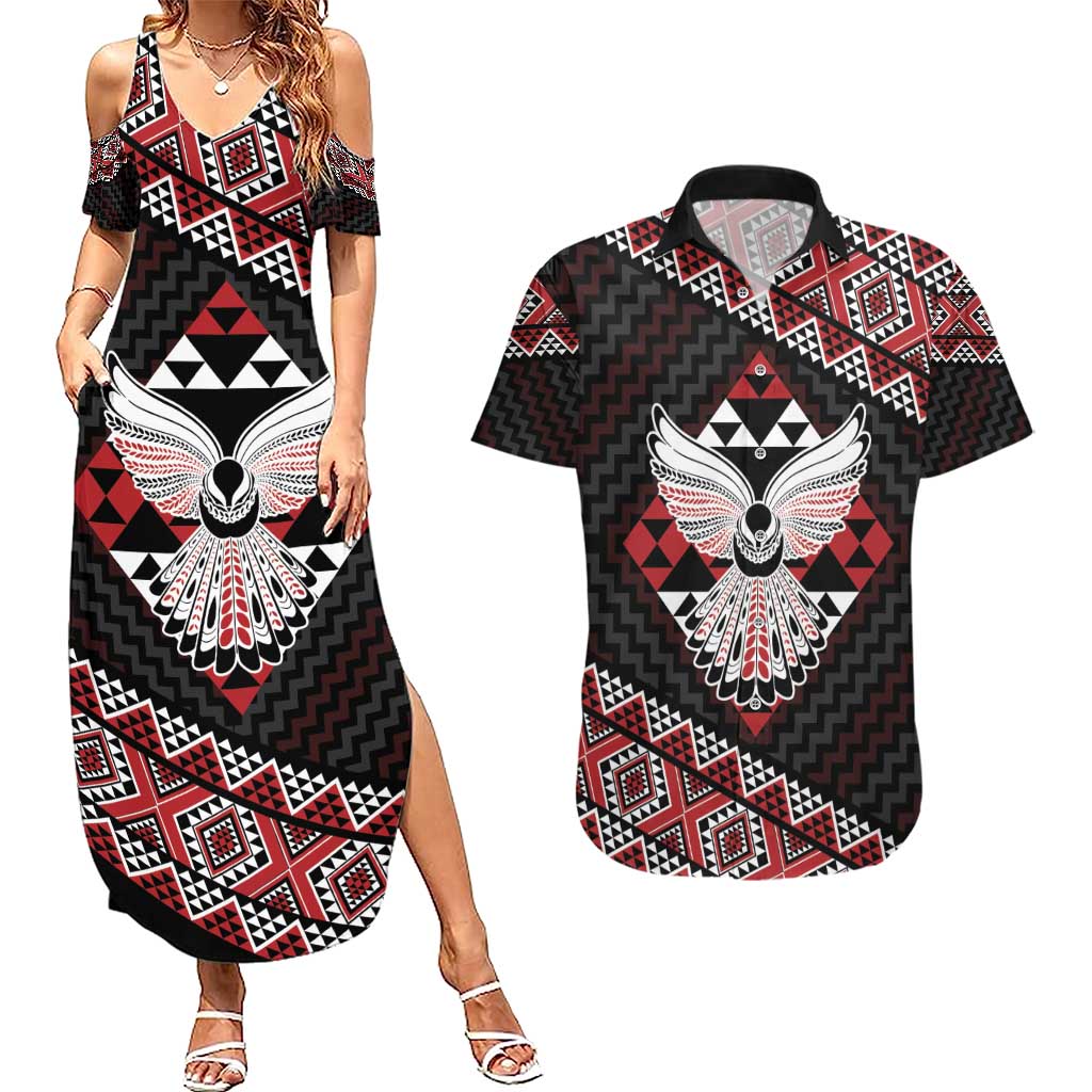 Taniko Aotearoa Couples Matching Summer Maxi Dress and Hawaiian Shirt Poutama Mix Piwakawaka - Ver02 LT7 Red - Polynesian Pride