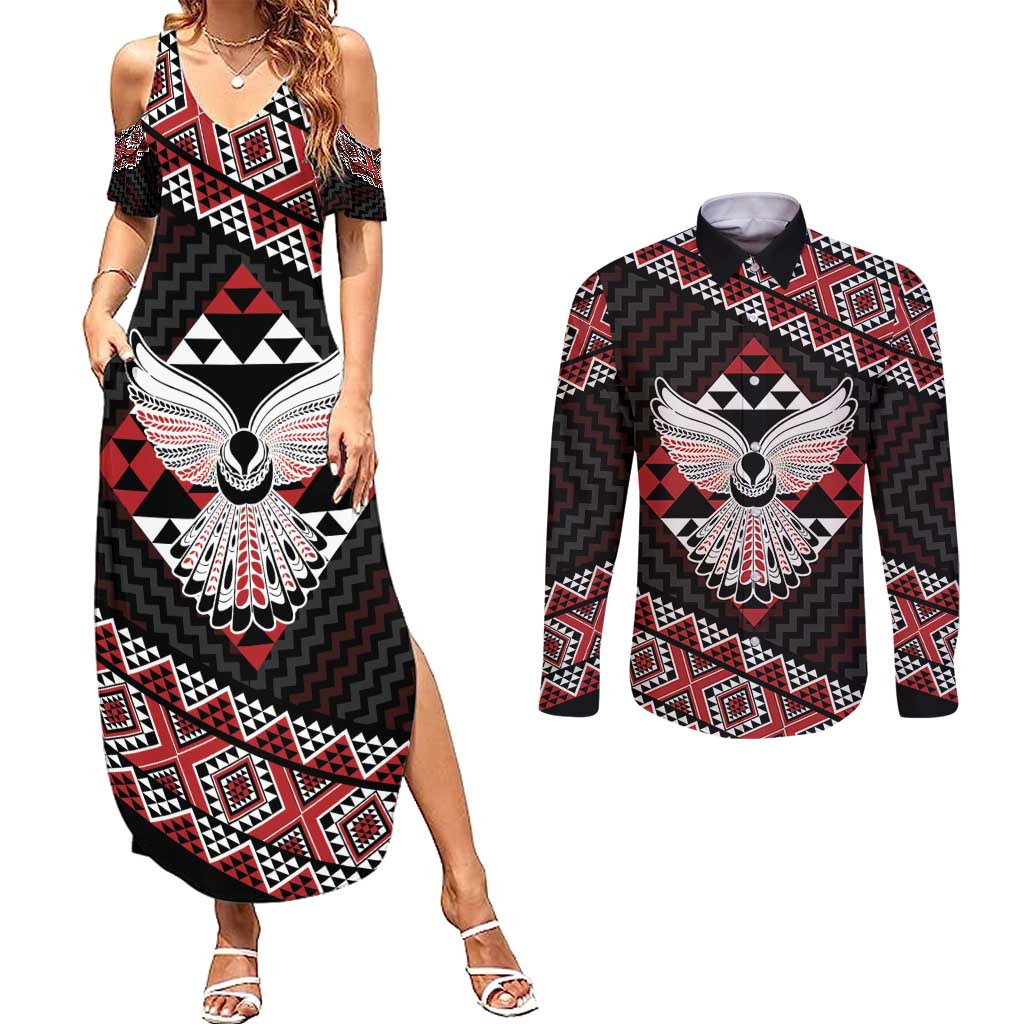 Taniko Aotearoa Couples Matching Summer Maxi Dress and Long Sleeve Button Shirt Poutama Mix Piwakawaka - Ver02 LT7 Red - Polynesian Pride