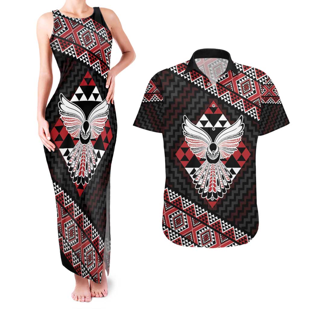 Taniko Aotearoa Couples Matching Tank Maxi Dress and Hawaiian Shirt Poutama Mix Piwakawaka - Ver02 LT7 Red - Polynesian Pride