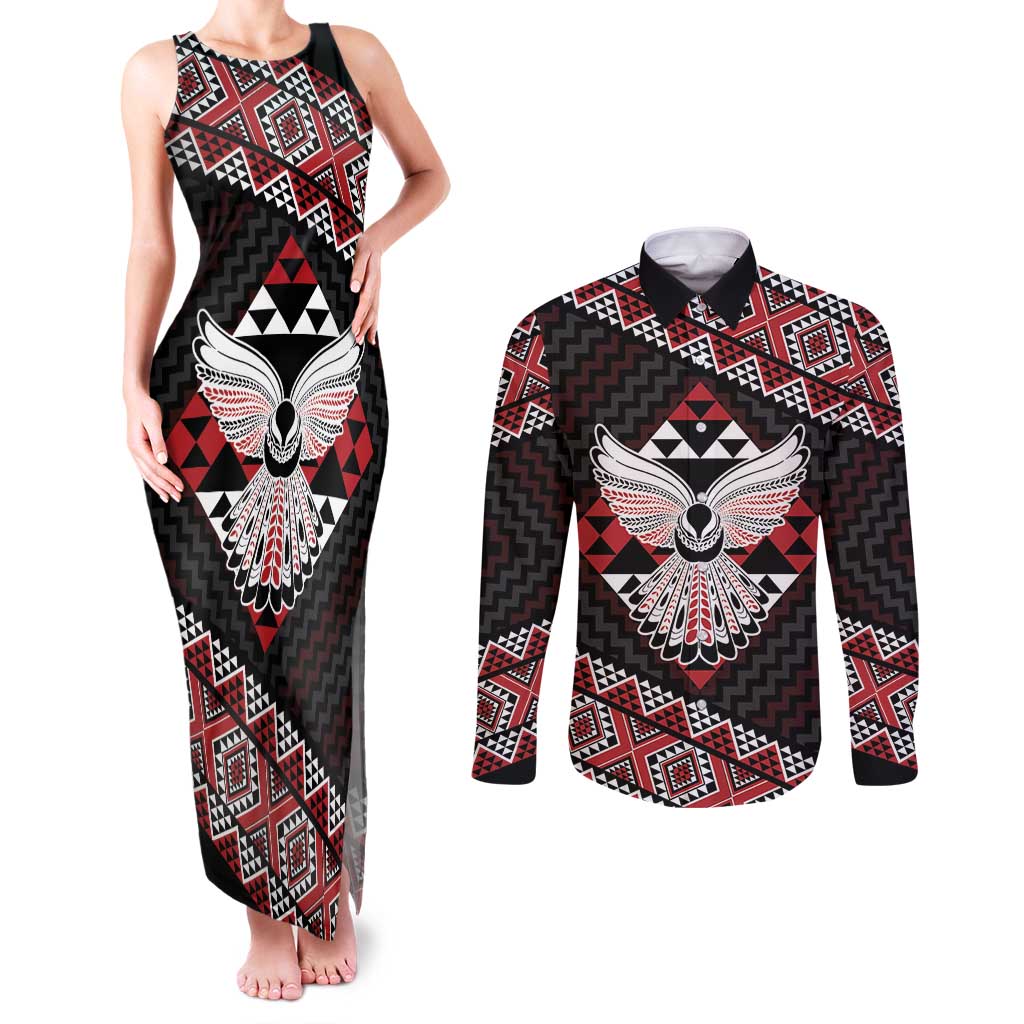 Taniko Aotearoa Couples Matching Tank Maxi Dress and Long Sleeve Button Shirt Poutama Mix Piwakawaka - Ver02 LT7 Red - Polynesian Pride