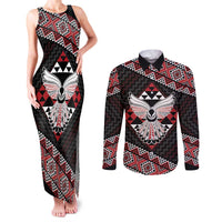 Taniko Aotearoa Couples Matching Tank Maxi Dress and Long Sleeve Button Shirt Poutama Mix Piwakawaka - Ver02 LT7 Red - Polynesian Pride