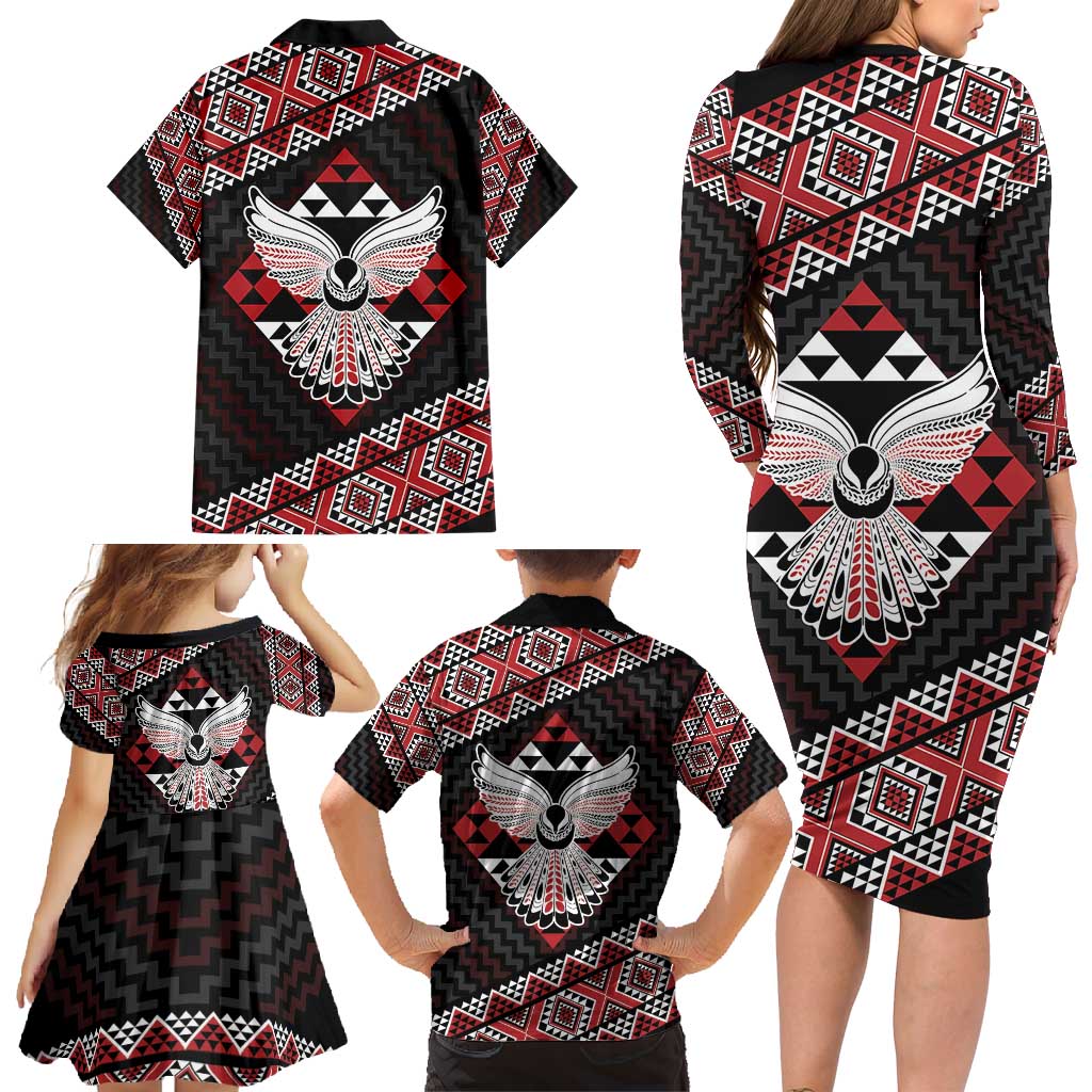 Taniko Aotearoa Family Matching Long Sleeve Bodycon Dress and Hawaiian Shirt Poutama Mix Piwakawaka - Ver02 LT7 - Polynesian Pride
