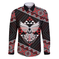 Taniko Aotearoa Family Matching Long Sleeve Bodycon Dress and Hawaiian Shirt Poutama Mix Piwakawaka - Ver02 LT7 Dad's Shirt - Long Sleeve Red - Polynesian Pride