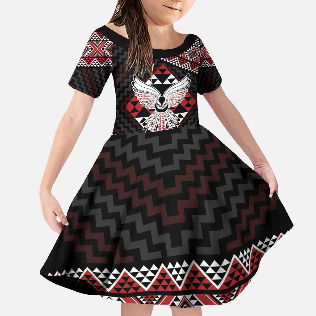 Taniko Aotearoa Family Matching Mermaid Dress and Hawaiian Shirt Poutama Mix Piwakawaka - Ver02 LT7 Daughter's Dress Red - Polynesian Pride