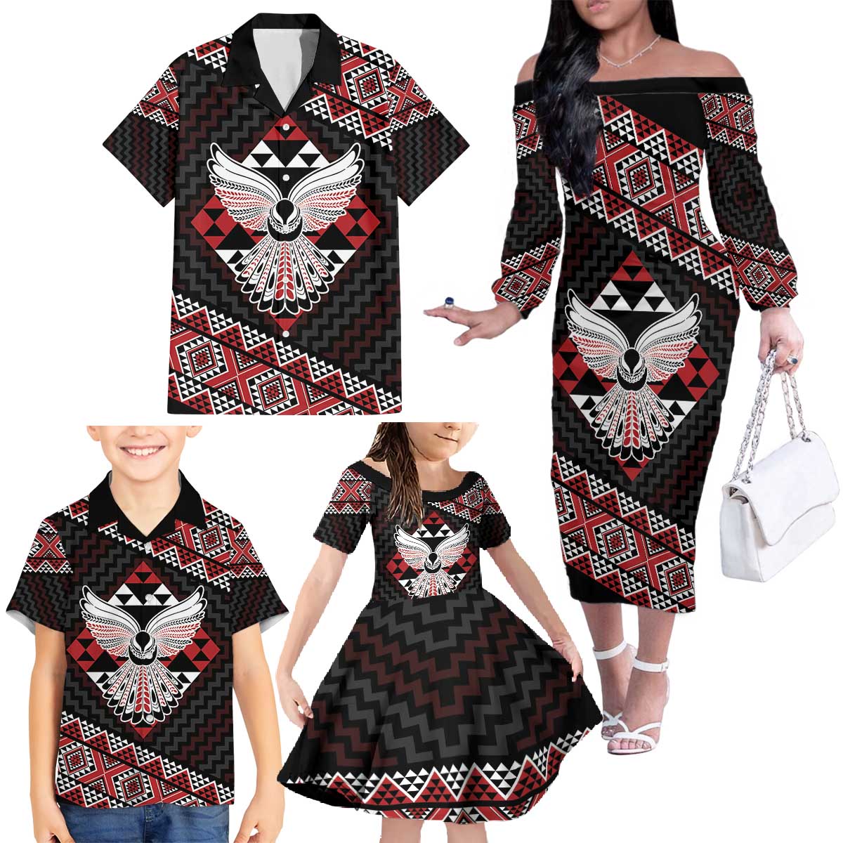 Taniko Aotearoa Family Matching Off The Shoulder Long Sleeve Dress and Hawaiian Shirt Poutama Mix Piwakawaka - Ver02 LT7 - Polynesian Pride